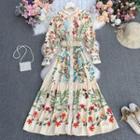 Floral Belted Maxi A-line Dress Almond - One Size