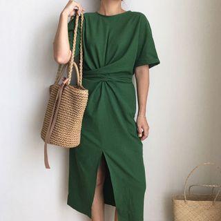 Short-sleeve Sashed Slit Sheath Dress