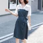 Short-sleeve Two Tone Button-up Dress