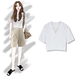 V-neck Plain Cropped Blouse Off-white - One Size