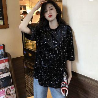 Elbow-sleeve Velvet Glitter T-shirt Black - One Size