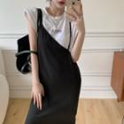 Asymmetrical Midi Sheath Overall Dress / Sleeveless Lettering T-shirt