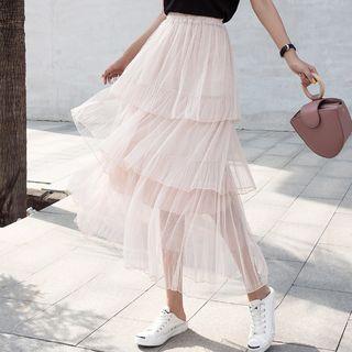 High Waist Mesh Layered A-line Dress