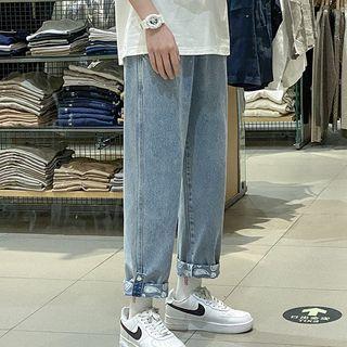 Paisley Print Panel Cropped Straight Leg Jeans