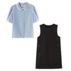 Short-sleeve Collared Blouse / Mini Shift Overall Dress / Set