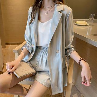 Set: Double Breasted Elbow-sleeve Blouse + Shorts
