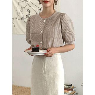 Round-neck Puff-sleeve Plaid Blouse