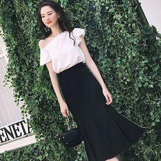 Set: Short-sleeve Skew-neck Top + Midi Mermaid Pencil Skirt