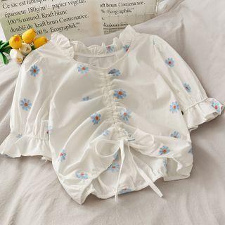 Daisy-print Drawstring Crop Blouse White - One Size