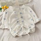 Daisy-print Drawstring Crop Blouse White - One Size