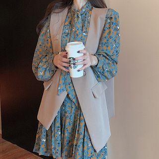 Set: Long-sleeve Floral Print Mini A-line Dress + Single-breasted Vest