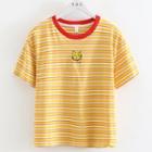 Short-sleeve Striped Embroidered T-shirt Yellow - One Size