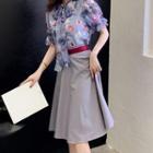 Set: Balloon-sleeve Floral Print Blouse + A-line Skirt