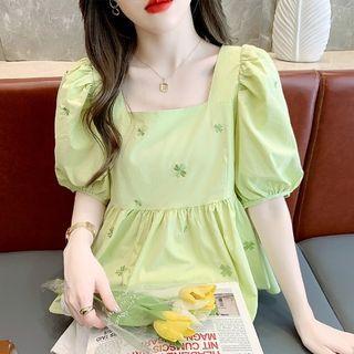 Puff-sleeve Square-neck Clover Embroidered Blouse
