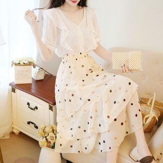 Set: Plain Ruffled Blouse + Ruffled Dotted Midi Skirt