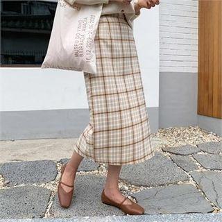 Band-waist Midi Plaid Skirt