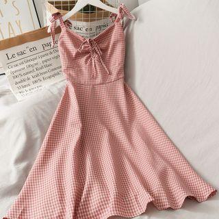 Ribbon-strap Ruched Checker Sleeveless Dress