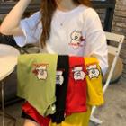 Elbow-sleeve Embroidered Pig T-shirt