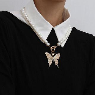 Rhinestone Butterfly Faux Pearl Pendant Necklace Gold - One Size