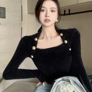 Square-neck Plain Ribbed Woolen Top