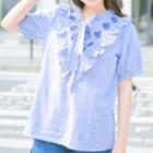 Striped Embroidered Short-sleeve Frilled Blouse