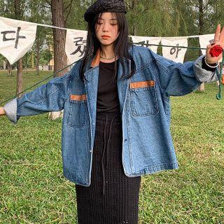 Faux Leather Washed Denim Oversize Jacket Denim Blue - One Size