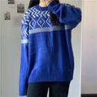 Long-sleeve Pattern Sweater Blue - One Size
