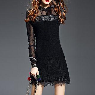 Mesh Panel Lace Hem Long Sleeve Dress