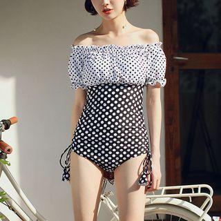 Short-sleeve Off-shoulder Dotted Swimsuit