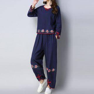 Set: Embroidered Long-sleeve Top + Wide-leg Pants