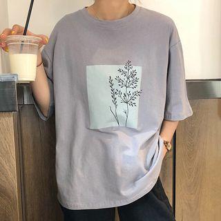 Elbow-sleeve Tree Print T-shirt