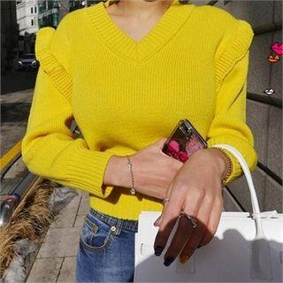 V-neck Frill-trim Knit Top