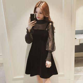 Set: Sheer Panel Long-sleeve Top + Strappy A-line Dress