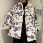 Fleece-lined Abstract Print Button Coat