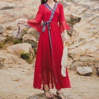 Flared-sleeve Contrast Trim Midi A-line Dress