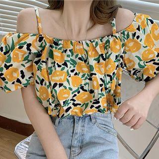 Cold Shoulder Floral Short-sleeve Top Yellow - One Size
