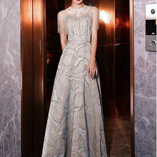 Sleeveless Fringed Lace Trim A-line Gown