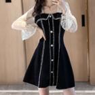 Lace-sleeve Fringed Trim A-line Dress