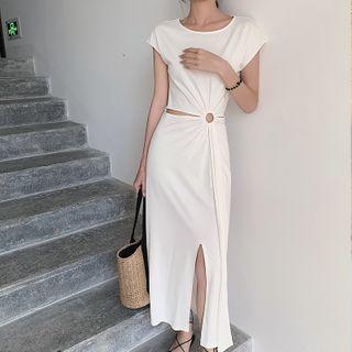Cut-out Cap-sleeve Midi Shift Dress