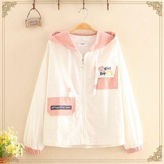 Cartoon Embroidered Color-block Hood Jacket