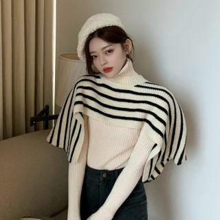 Plain Turtle-neck Long-sleeve Knit Top / Striped Shawl
