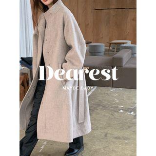 Snap-button Wool Blend Long Coat With Sash Oatmeal - One Size