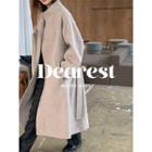 Snap-button Wool Blend Long Coat With Sash Oatmeal - One Size