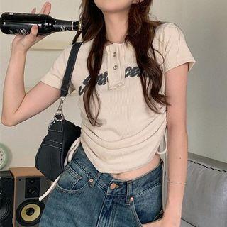 Short-sleeve Lettering Drawstring Asymmetrical Top