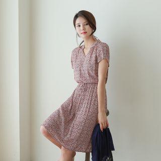 Open-placket Gathered-waist Floral Print Dress