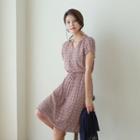 Open-placket Gathered-waist Floral Print Dress