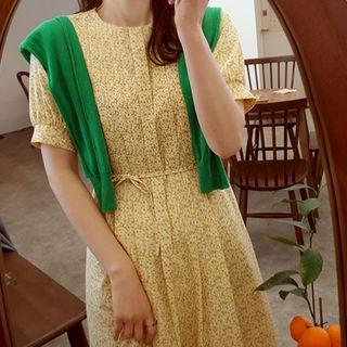 Pleated-trim Floral Print Tie-waist Dress