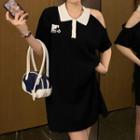 Elbow-sleeve Knit Polo Shirt Dress Black - One Size