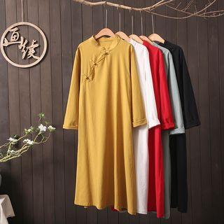 Long-sleeve Frog Buttoned Midi Shift Dress