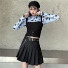 Plain High-waist Pleated Mini Skirt / Set: Long-sleeve Butterfly Print Top + Sleeveless Top